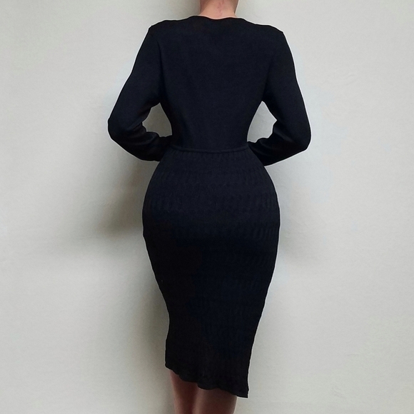 Vintage 90s Jones Wear Morticia Black Blousen Eyelet Knit V-neck Bodycon Dress - Picture 3 of 14